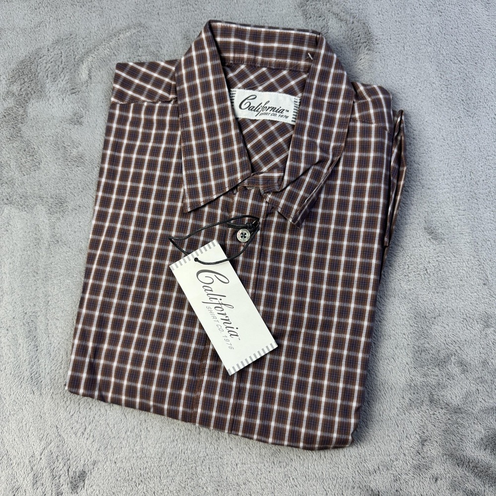 California Shirt Mens Medium Mocha Plaid Button Up‎ Long Sleeve Cotton Fall NEW